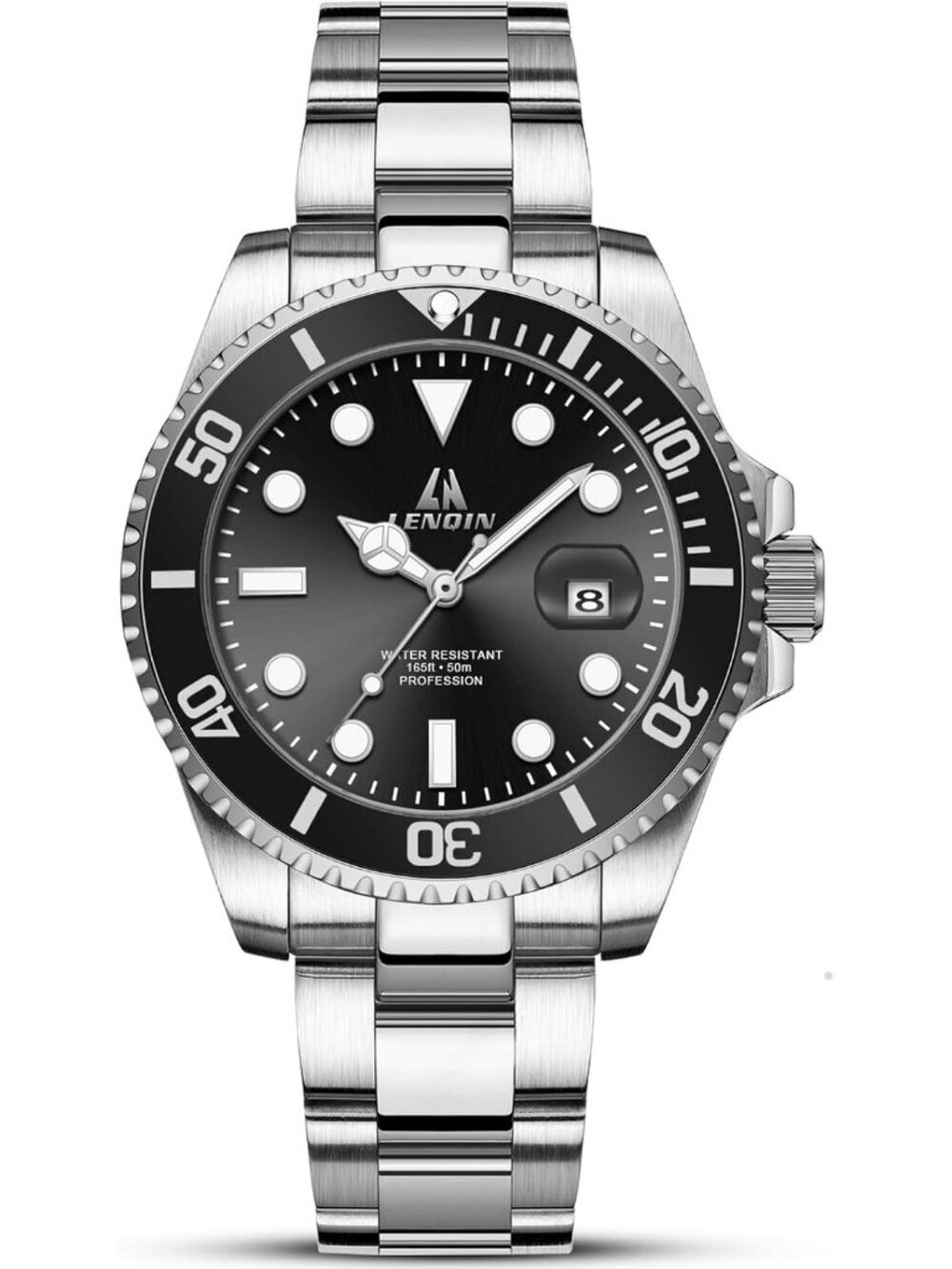 Men's Silver Black Stainless Steel Analog Quartz Waterproof Luminous Round Watch
